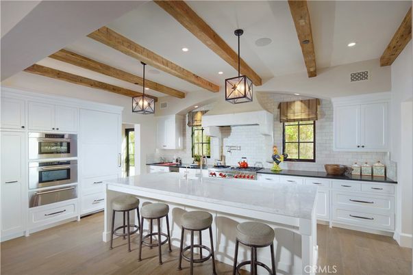 Interior, Kitchen, Pendant Lights, Recessed Lighting, Stainless Steel Appliances, Wooden Beams, Wood Texture Flooring