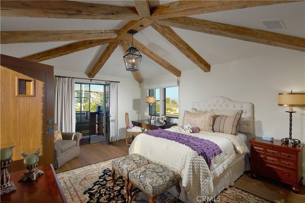 Bedroom, Interior, Pendant Lights, Wooden Beams, Wood Texture Flooring
