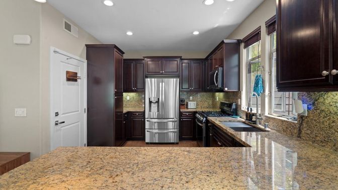 Interior, Kitchen, Recessed Lighting, Stainless Steel Appliances, Wood Texture Flooring