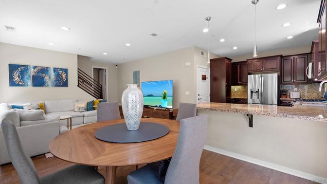 Dining room, Interior, Kitchen, Living room, Pendant Lights, Recessed Lighting, Stainless Steel Appliances, Wood Texture Flooring