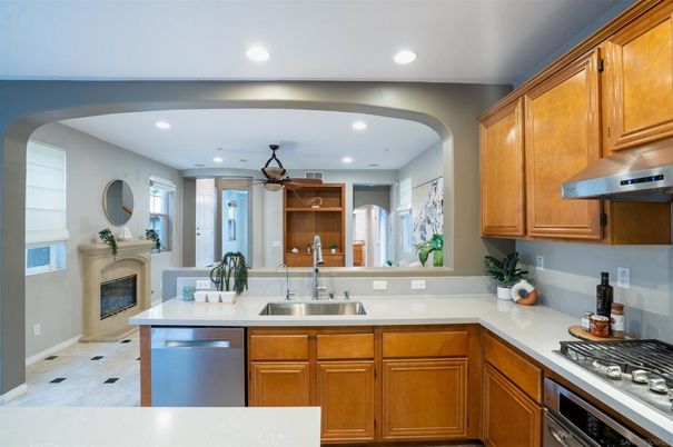 Fireplace, Interior, Kitchen, Recessed Lighting, Stainless Steel Appliances