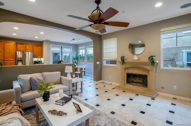 Fireplace, Interior, Kitchen, Living room, Recessed Lighting, Stainless Steel Appliances