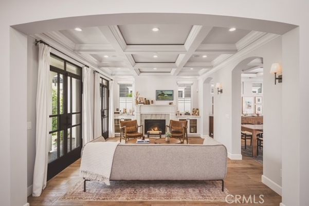 Fireplace, Interior, Living room, Recessed Lighting, Wood Texture Flooring