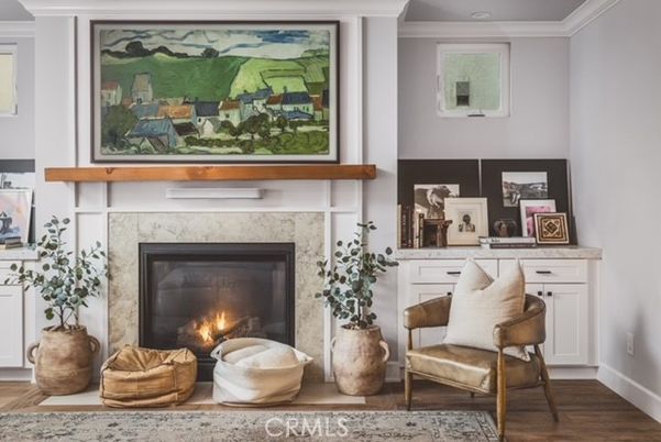 Fireplace, Home Office, Interior, Recessed Lighting, Wood Texture Flooring