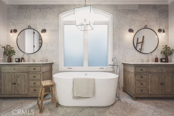 Bathroom, Dual Sink Vanities, Free Standing Baths, Interior, Marble, Marble Walls, Pendant Lights