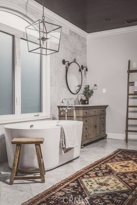 Bathroom, Dual Sink Vanities, Free Standing Baths, Interior, Marble, Pendant Lights