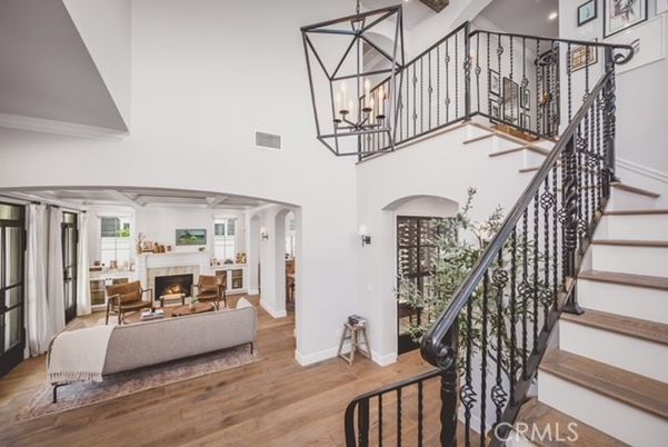 Chandelier, Fireplace, Interior, Living room, Recessed Lighting, Wood Texture Flooring
