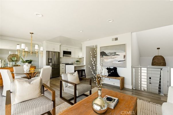 Chandelier, Dining room, Interior, Kitchen, Recessed Lighting, Stainless Steel Appliances, Wood Texture Flooring
