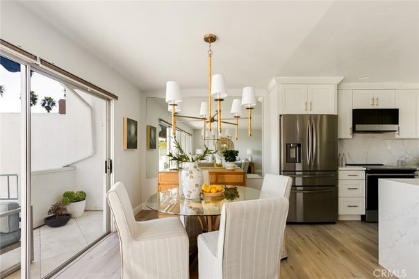 Dining room, Interior, Kitchen, Pendant Lights, Stainless Steel Appliances, Wood Texture Flooring