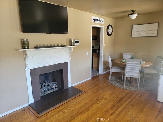 Dining room, Fireplace, Interior, Wood Texture Flooring