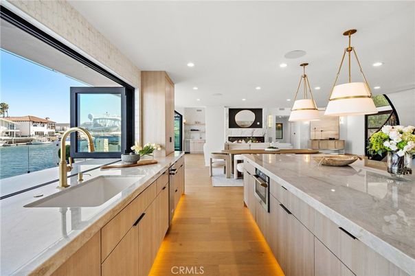 Dining room, Interior, Kitchen, Pendant Lights, Recessed Lighting, Water, Wood Texture Flooring