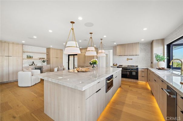 Interior, Kitchen, Pendant Lights, Recessed Lighting, Stainless Steel Appliances, Wood Texture Flooring