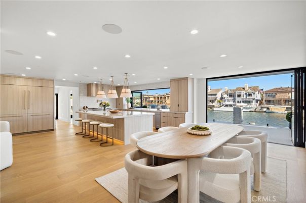 Dining room, Interior, Kitchen, Pendant Lights, Recessed Lighting, Water, Wood Texture Flooring