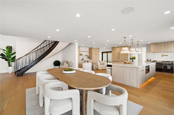Dining room, Interior, Kitchen, Living room, Pendant Lights, Recessed Lighting, Stainless Steel Appliances, Wood Texture Flooring