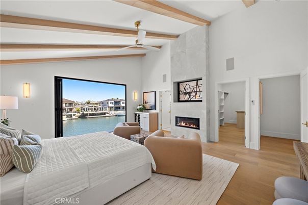 Bedroom, Fireplace, Interior, Water, Wooden Beams, Wood Texture Flooring