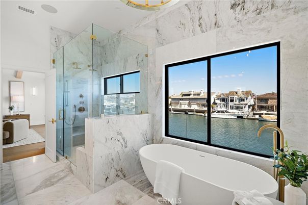 Bathroom, Free Standing Baths, Glass Shower, Interior, Marble, Marble Walls, Water