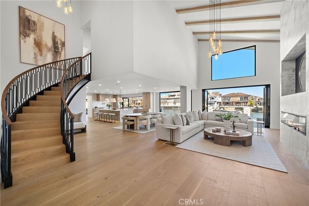 Dining room, Fireplace, Interior, Kitchen, Living room, Pendant Lights, Recessed Lighting, Wood Texture Flooring