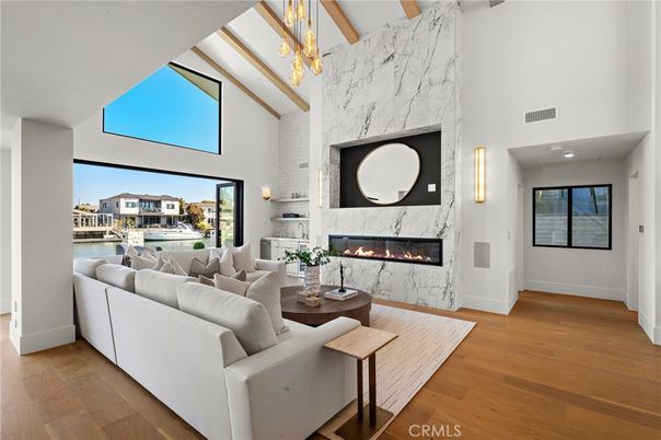 Fireplace, Interior, Living room, Marble Walls, Pendant Lights, Wooden Beams, Wood Texture Flooring