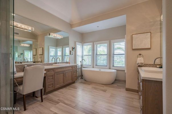 Bathroom, Dual Sink Vanities, Free Standing Baths, Interior, Wood Texture Flooring