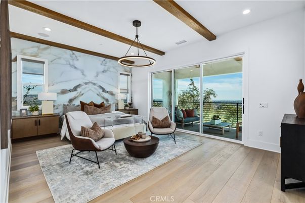 Bedroom, Interior, Living room, Marble Walls, Pendant Lights, Recessed Lighting, Water, Wooden Beams, Wood Texture Flooring