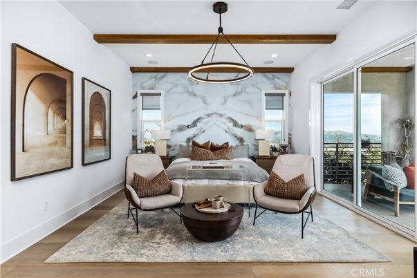 Bedroom, Interior, Pendant Lights, Recessed Lighting, Wooden Beams, Wood Texture Flooring