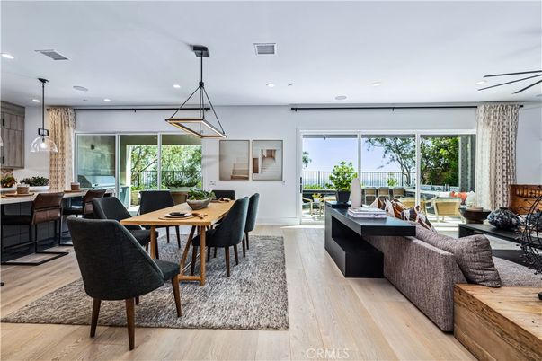 Dining room, Interior, Living room, Pendant Lights, Recessed Lighting, Wood Texture Flooring