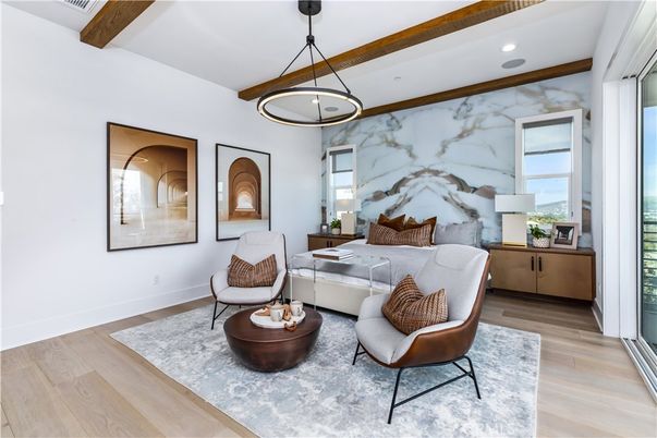 Interior, Living room, Marble Walls, Pendant Lights, Recessed Lighting, Wooden Beams, Wood Texture Flooring