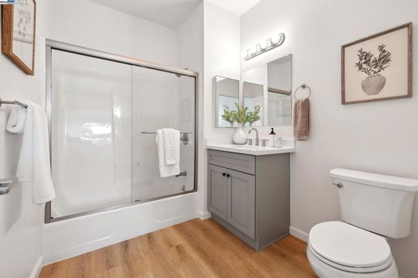 Bathroom, Glass Shower, Interior, Wood Texture Flooring