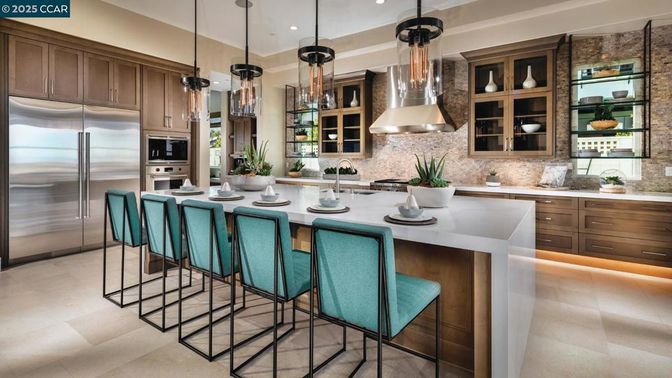 Interior, Kitchen, Pendant Lights, Recessed Lighting, Stainless Steel Appliances, Stone Walls