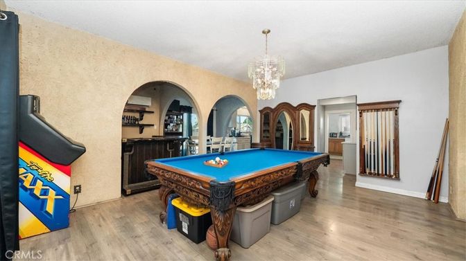 Billiard Table, Chandelier, Game Room, Interior, Wood Texture Flooring