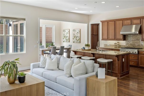 Dining room, Interior, Kitchen, Living room, Recessed Lighting, Stainless Steel Appliances, Wood Texture Flooring