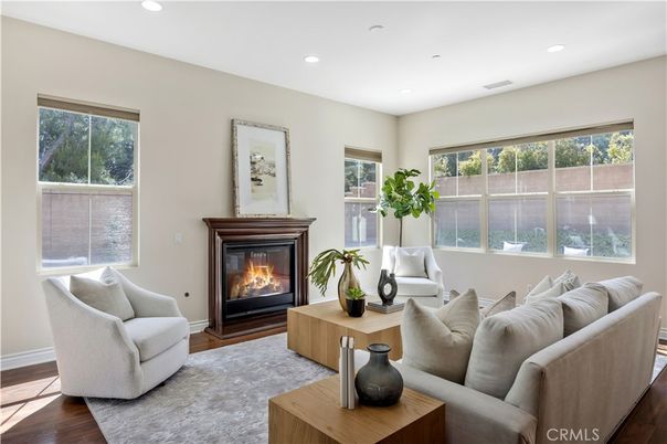 Fireplace, Interior, Living room, Recessed Lighting, Wood Texture Flooring