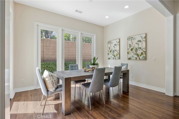 Dining room, Interior, Recessed Lighting, Wood Texture Flooring