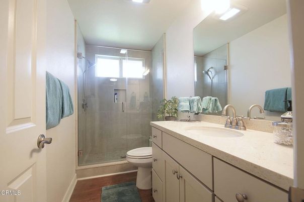 Bathroom, Glass Shower, Interior, Wood Texture Flooring