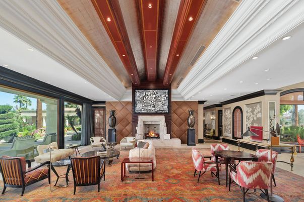 Dining room, Fireplace, Interior, Living room, Recessed Lighting, Wooden Beams