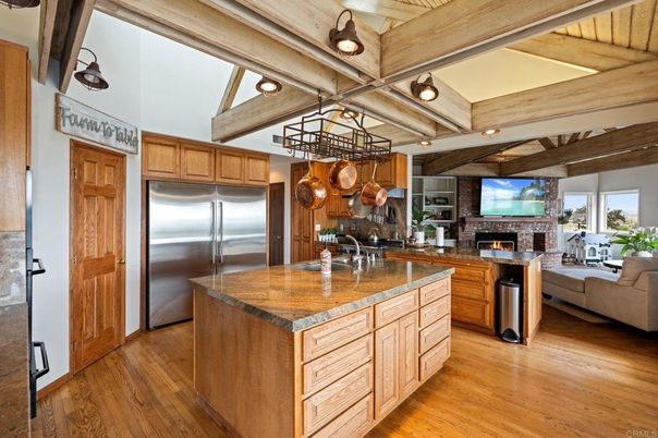Fireplace, Interior, Kitchen, Living room, Stainless Steel Appliances, Stone Walls, Wooden Beams, Wooden Ceilings, Wood Texture Flooring