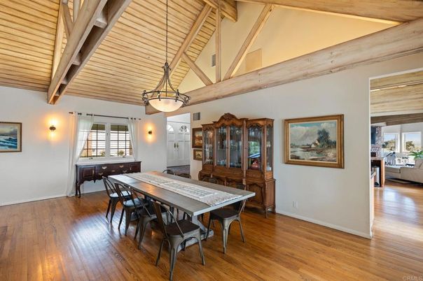 Dining room, Interior, Pendant Lights, Wooden Beams, Wood Texture Flooring
