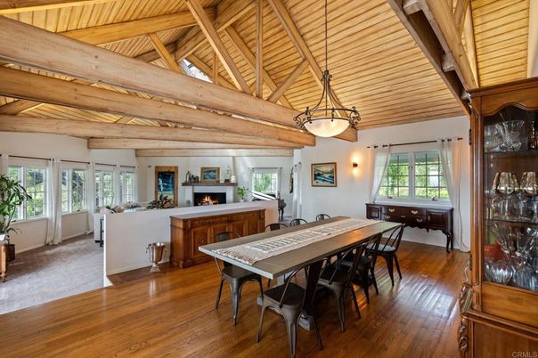 Dining room, Fireplace, Interior, Living room, Pendant Lights, Wooden Beams, Wooden Ceilings, Wood Texture Flooring