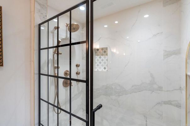 Bathroom, Glass Shower, Interior, Marble Walls, Recessed Lighting