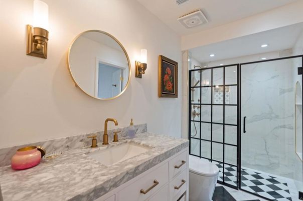 Bathroom, Dual Sink Vanities, Glass Shower, Interior, Marble, Marble Walls, Recessed Lighting