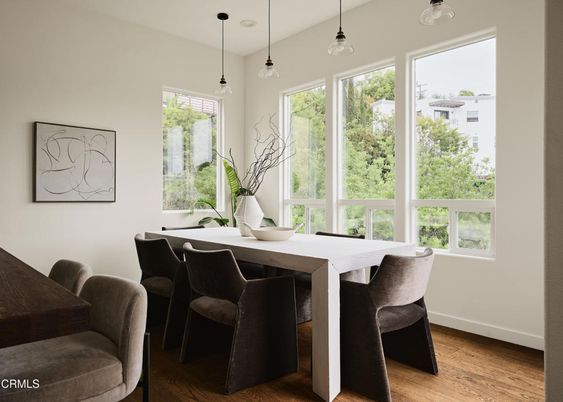Dining room, Interior, Pendant Lights, Wood Texture Flooring
