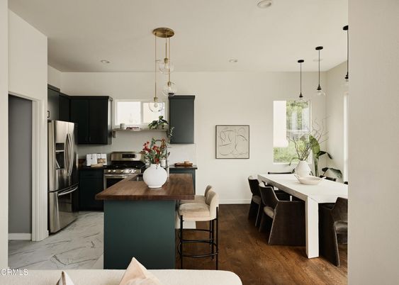 Dining room, Interior, Kitchen, Marble, Pendant Lights, Recessed Lighting, Stainless Steel Appliances, Wood Texture Flooring