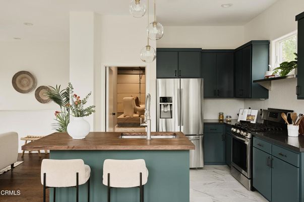 Interior, Kitchen, Marble, Pendant Lights, Recessed Lighting, Stainless Steel Appliances, Wood Texture Flooring