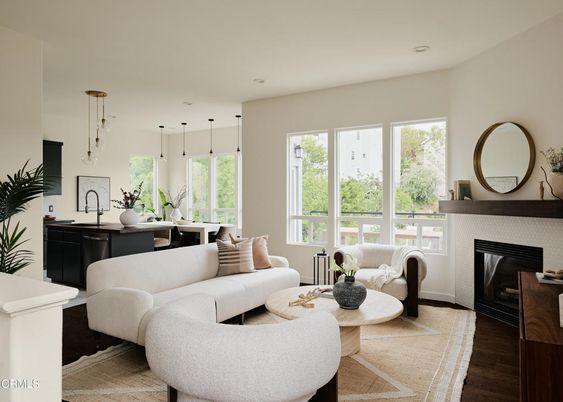 Dining room, Fireplace, Interior, Living room, Pendant Lights, Recessed Lighting, Wood Texture Flooring