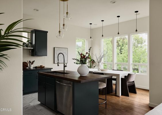 Dining room, Interior, Kitchen, Marble, Pendant Lights, Recessed Lighting, Wood Texture Flooring