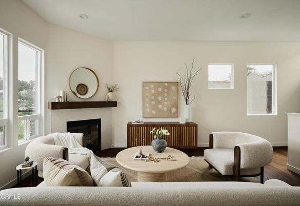 Fireplace, Interior, Living room, Recessed Lighting, Wood Texture Flooring