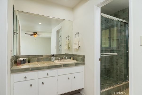 Bathroom, Glass Shower, Interior, Recessed Lighting, Tile Countertops