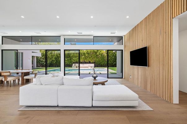 Dining room, Interior, Living room, Recessed Lighting, Wood Texture Flooring, Wooden Walls