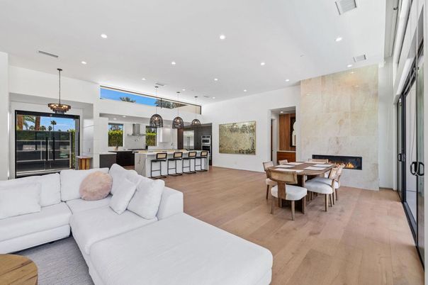 Dining room, Fireplace, Interior, Kitchen, Living room, Pendant Lights, Recessed Lighting, Wood Texture Flooring