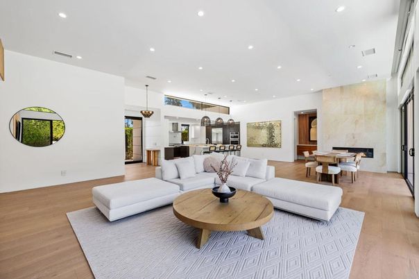 Dining room, Fireplace, Interior, Kitchen, Living room, Pendant Lights, Recessed Lighting, Wood Texture Flooring
